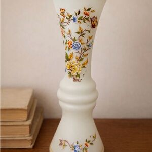 White Floral Frosted Glass Peruvian Vase with Blue and Yellow Flowers